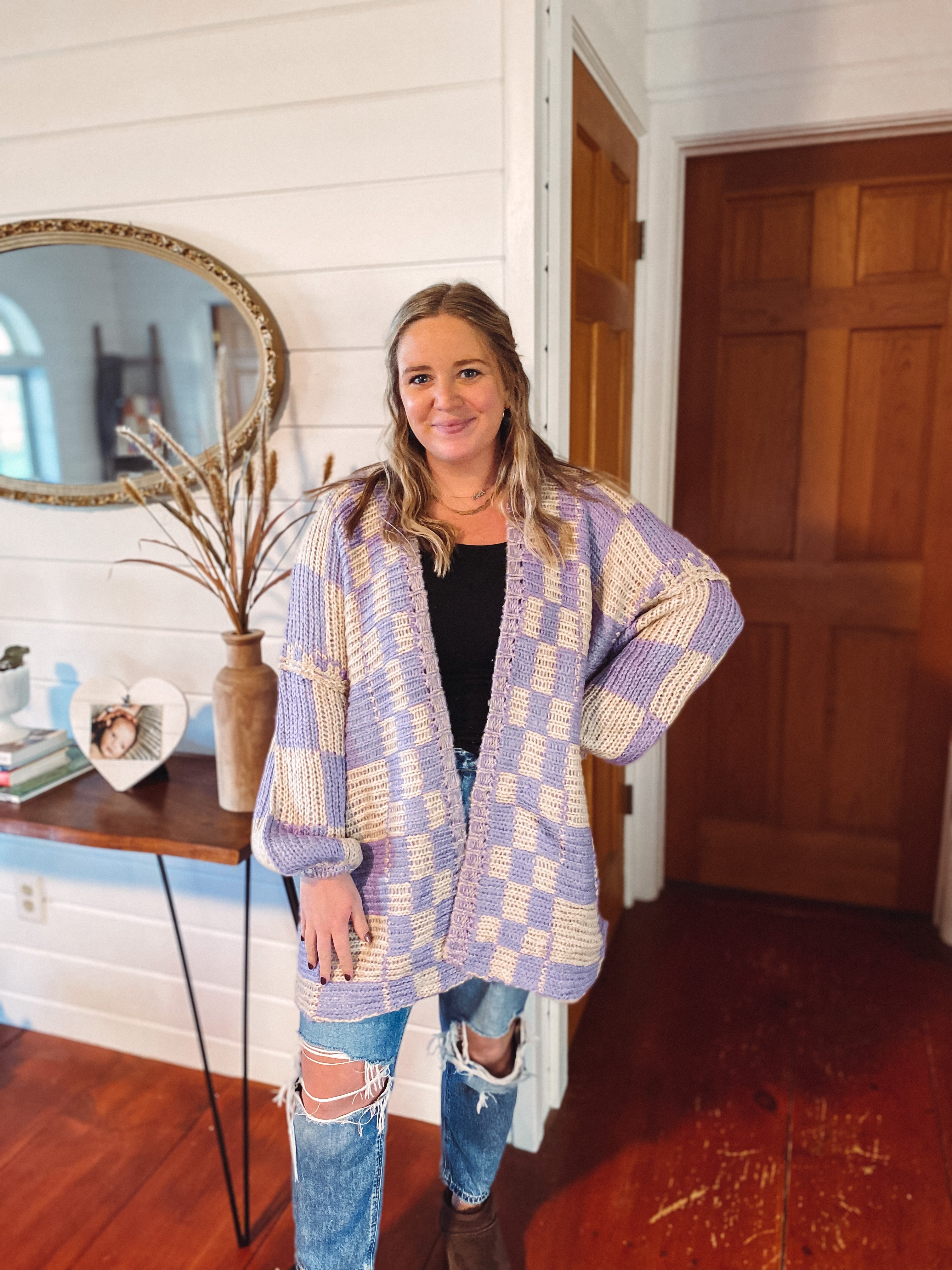 Lavender Checkered Cardigan