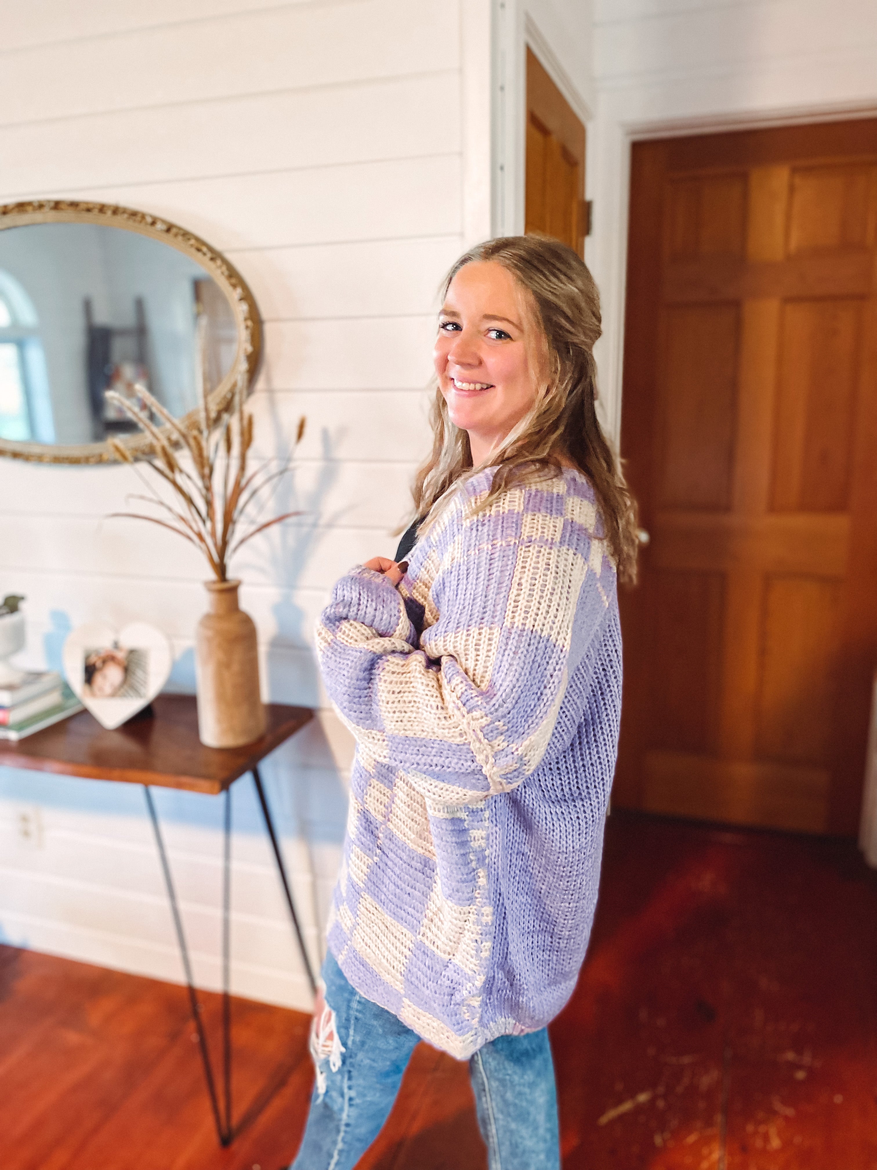Lavender Checkered Cardigan