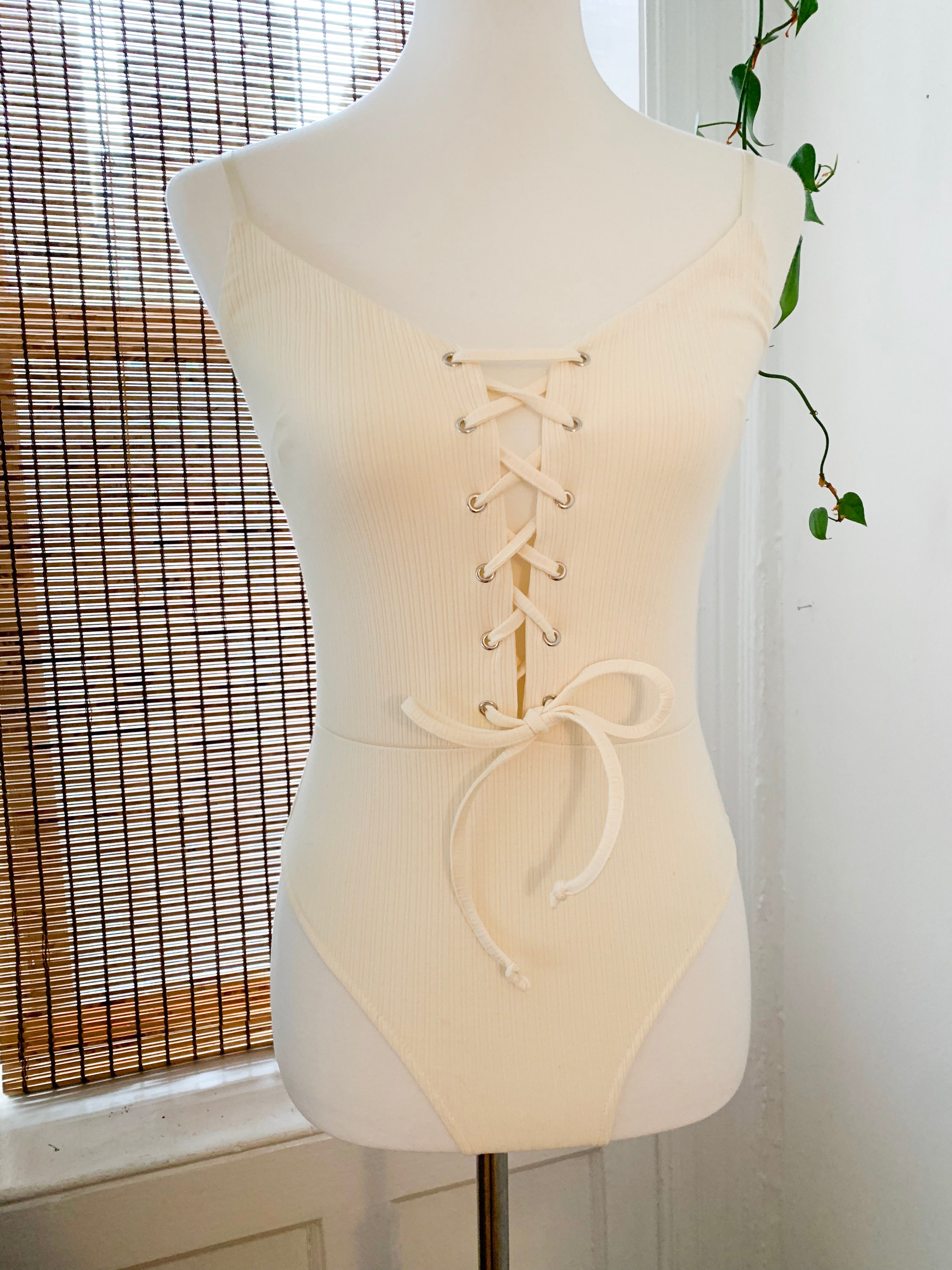 Cream Ribbed Lace Up Bodysuit