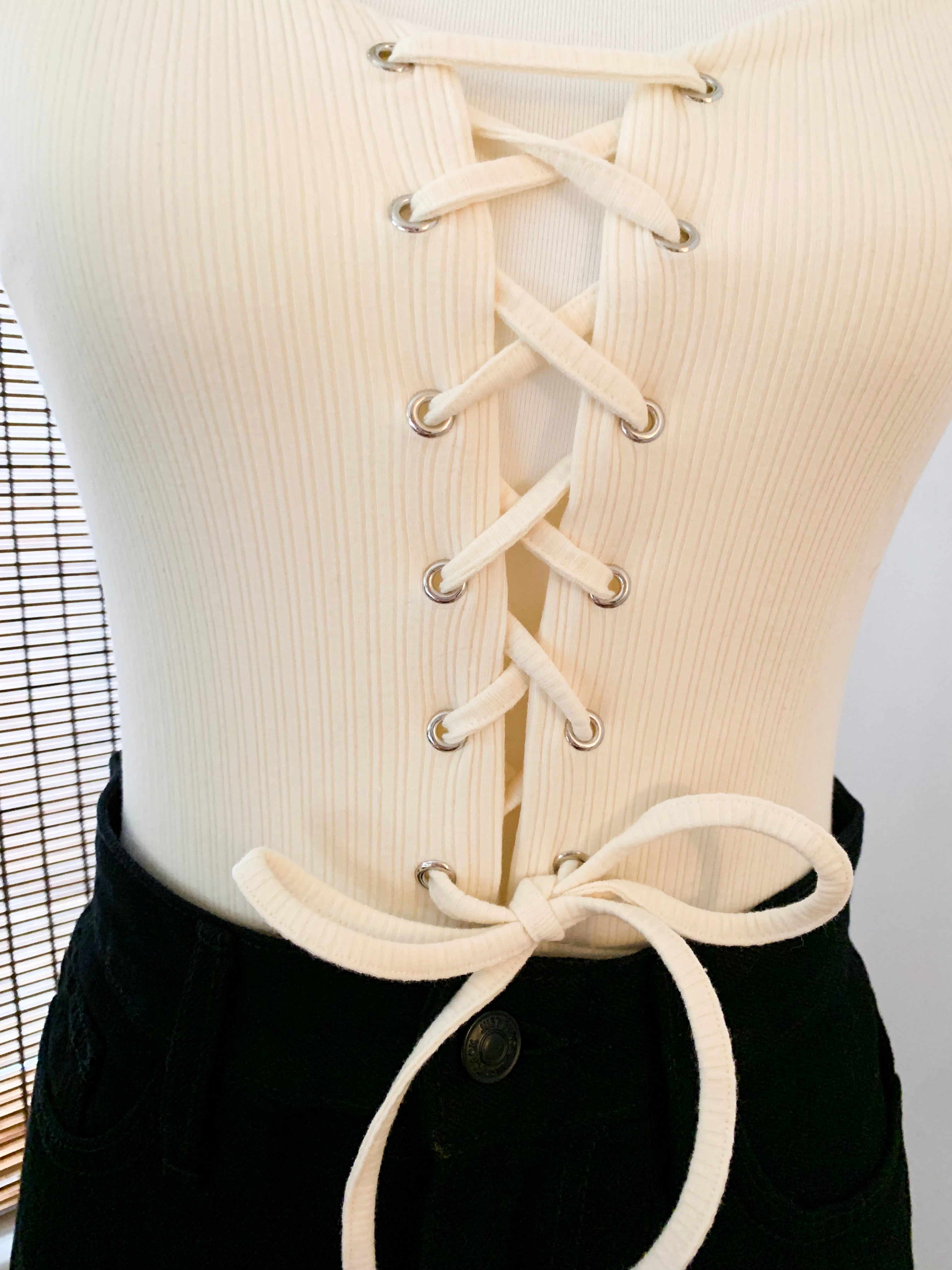 Cream Ribbed Lace Up Bodysuit