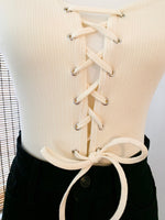 Load image into Gallery viewer, Cream Ribbed Lace Up Bodysuit

