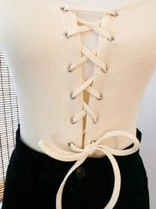 Cream Ribbed Lace Up Bodysuit