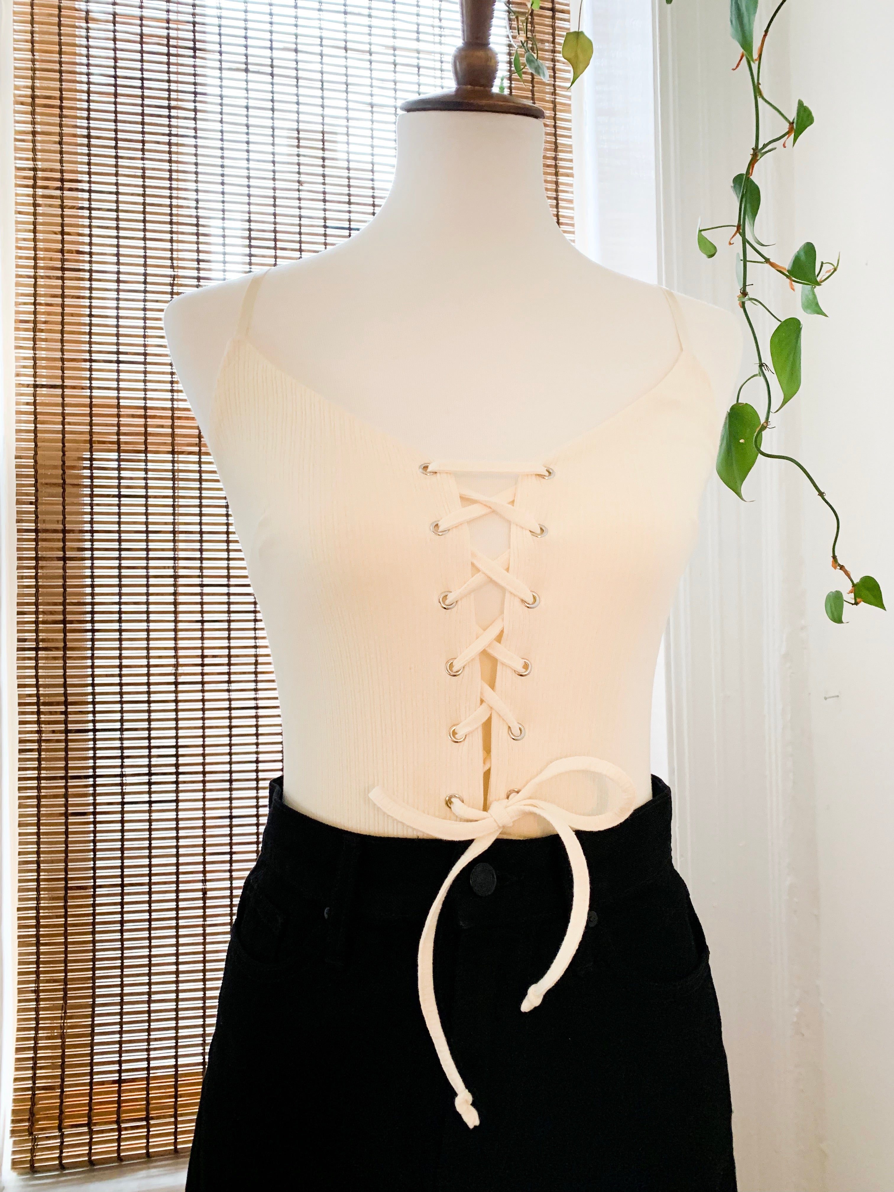Cream Ribbed Lace Up Bodysuit